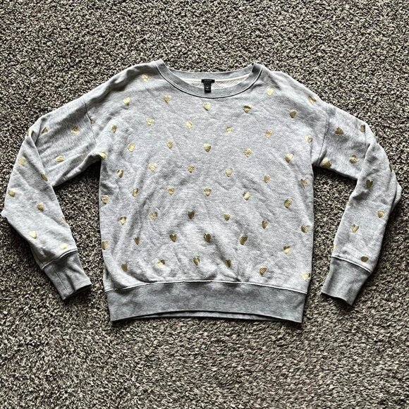 J. Crew Tops - J Crew Sweatshirt Womens Small Gray w/Gold Hearts 100% Cotton Crewneck